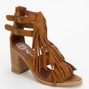 Jeffrey Campbell Western Revival Fringe Dodge Suede Stacked Heel Sandals 6.5